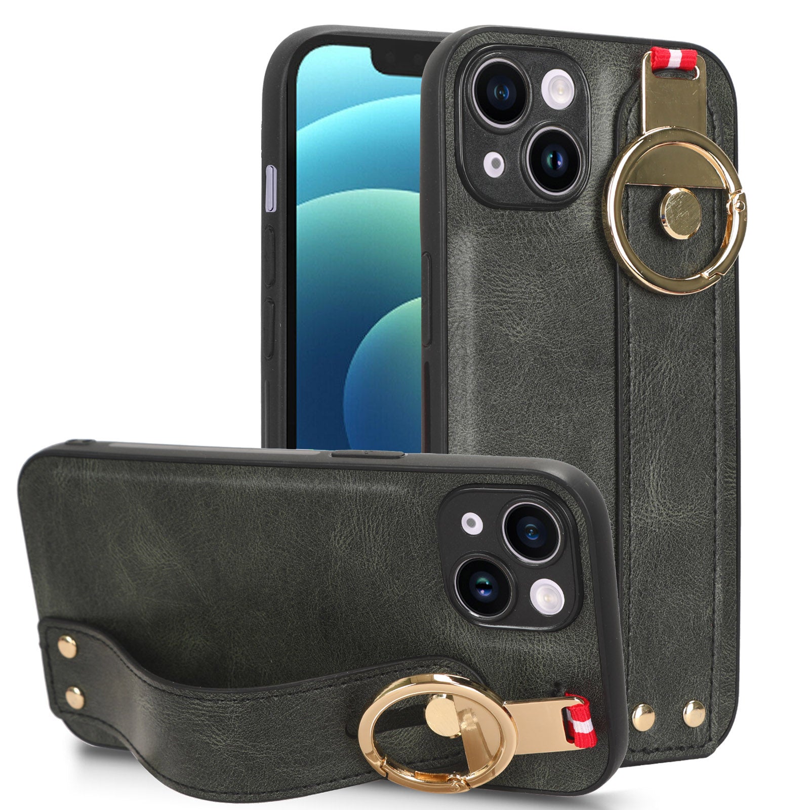 Kryt na telefon pro iPhone 12 mini 5,4 palce Pouzdro na náramek Kickstand Kožený povrch PC+TPU kryt s popruhem na krk Kryt na telefon pro iPhone 12 mini 5,4 palce Pouzdro na náramek Kickstand Kožený povrch PC+TPU kryt s popruhem na krk